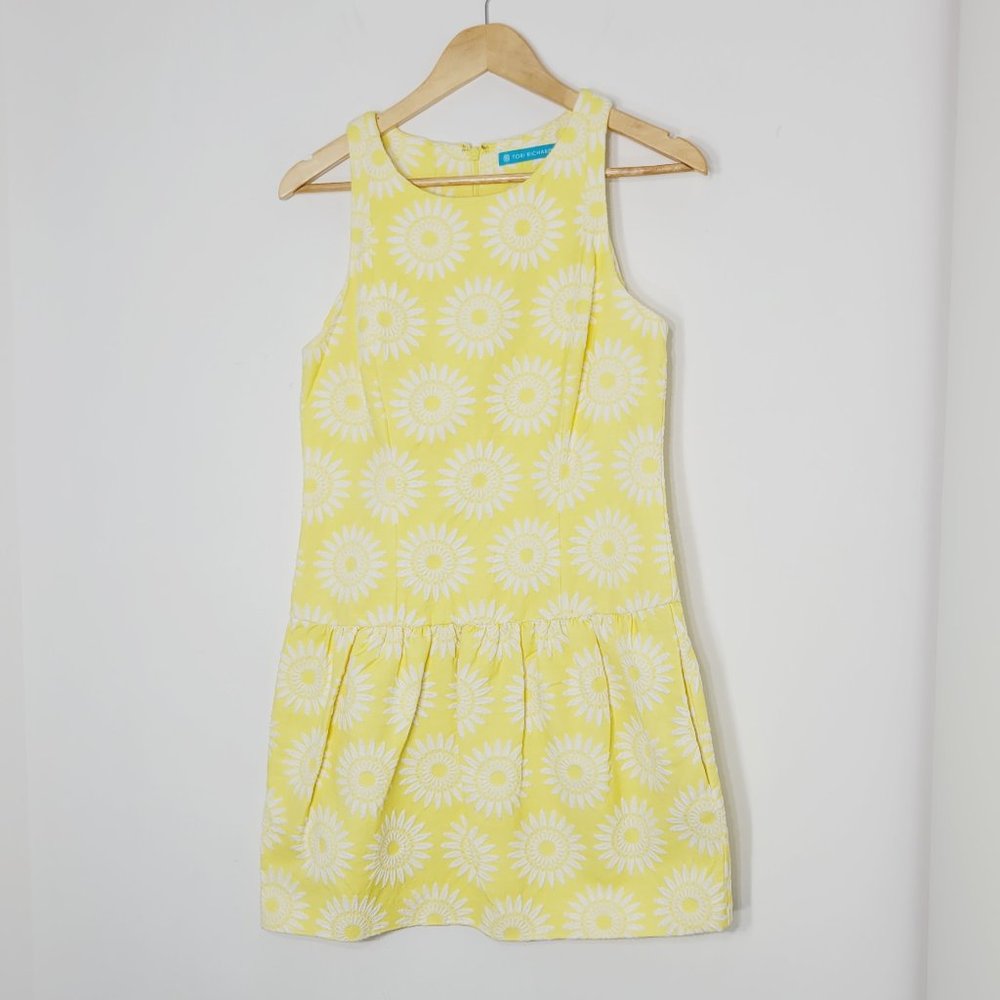 Tori Richard Yellow White Floral Fit & Flare Mini Dress Pocket Cotton Blend Sz 4